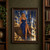 Blonde horned woman in a blue gown seated on a decorated chest amid hanging chains, gold vessels, coins, and stone architecture.; frame shown for styling only