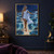 Silver-haired woman in a pale flowing dress beside angular blue tidal pools and rocky cliffs under a dark sky.; frame shown for styling only