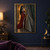 Pointed-eared woman in a red gown holding a massive stone curtain in a torchlit arched corridor.; frame shown for styling only