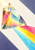 Large faceted triangular glass prism lit by a bright sunburst, casting turquoise, yellow, and rose bands across a pale ground between blue-violet shadows.