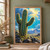 Branching spiny cactus with water droplets above dark rocks and small yellow flowers, with mountains and a bright sky beyond.; frame shown for styling only