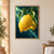 Water-beaded golden lemon on a leafy branch, with a smaller lemon behind it against a dark teal background.; frame shown for styling only