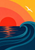 Geometric coastal sunset with a red-orange sun, curling teal wave, dark ocean reflections, and a small white seabird beneath layered warm arcs.