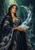 Crowned woman in a dark blue embroidered gown holding a shell-shaped bowl as water arcs upward against a dark teal rocky background.