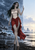 Pointed-eared woman in a red skirt raising one hand between a stormy coast and a bright, calm sea.