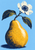 A golden pear connected by a curved stem to a white flower with a dark center, two leaves, and a blue shadow on a pale-blue background.