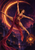Aerial silk performer in a wide split pose, framed by a glowing arc above a dark cityscape with a hanging lantern.
