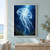 A large glowing jellyfish drifts through dark blue water above small fish and kelp, with bubbles and light rays descending from above.; frame shown for styling only
