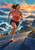 Adult woman in a coral top running on a coastal road toward a distant lighthouse at sunrise.