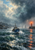 Small cobalt fishing boat on rough harbor water facing a glowing red-orange beacon, with distant sails and misty shoreline.