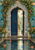 Ornate scalloped garden entrance with a partly open indigo door, flowering vines, botanical tiles, and a reflective pool.