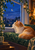 Fluffy ginger-and-white cat reclining on a green window seat and watching a firefly outside beneath a crescent moon.