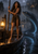 Dark-haired woman holding a pole on a wet boat beside a huge blue-black eel-like creature, with a lantern and misty city behind her.