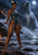 A horned woman in teal stands on moonlit rocks before a gigantic spectral seal-like creature rising from the water.