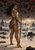 Barefoot horned woman holding a staff on a dark rocky shore beneath suspended rocks with red glowing seams.