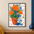 Terracotta pot filled with orange marigolds, blue star-shaped flowers, pink blossoms and green foliage on a warm-white background.; frame shown for styling only