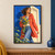 Woman in a coral-red raincoat walking with yellow daisies and blue flowers against a cobalt wall and cream doorway.; frame shown for styling only