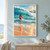 Back-facing surfer carrying a coral surfboard wades toward a large turquoise wave, with sunlit water and reflective sand.; frame shown for styling only