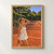 Smiling tennis player shading her eyes on a clay court as a yellow ball arcs above the distant opponent, beneath the title The Last Ball of Summer.; frame shown for styling only
