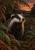 Close portrait of a striped badger raising its nose among bracken, with copper dusk light and a bluebell.