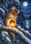 Small mouse holding a glowing acorn-shaped lantern on a snowy evergreen branch beneath a full moon.