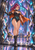 Pink-haired anime heroine in a dark bodysuit and orange cape walking down reflective steps through a blue and violet crystal hall.
