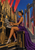 Horned woman in a long purple dress seated at a black-and-gold pipe organ in an arched hall with red banners and blue sky.