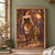Red-haired woman in a green corset leads a plated fox-like animal through a glowing golden grove.; frame shown for styling only