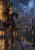 Woman in a dark purple ruffled dress reaching toward floating stone steps above a gothic city at night.