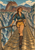 Woman in a teal jacket crossing a scale-patterned bridge with a large dragon, cliffs, and waterfalls behind her.