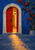 Open vermilion door in a pale stone arch, with a hanging lantern, amber-lit interior, blue courtyard wall, and flowering vine.