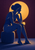 Seated cobalt-clad figure holding a small amber sphere beneath a large amber disk against dark plum.