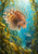 Orange-and-cream striped lionfish with spotted fan fins swimming among kelp above a small silver fish in sunlit blue-green water.