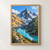 Snowy serrated mountain peaks above a turquoise alpine lake, with ochre and evergreen slopes and a small red-jacketed hiker on the rocky shore.; frame shown for styling only