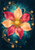 Eight-petal apricot and rose flower with a golden center, blue crescent, and looping copper stems against a mottled teal background.