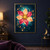 Eight-petal apricot and rose flower with a golden center, blue crescent, and looping copper stems against a mottled teal background.; frame shown for styling only