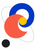 Ultramarine ring and coral arc overlap around a marigold disk, with a black circle and thin charcoal loop on white.