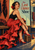 Adult dancer in a red ruffled skirt seated on a studio bench and reaching toward her shoe, with a fan and hanging shawls.