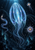 A luminous translucent comb jelly with trailing tendrils floats among smaller plankton forms in dark blue water beneath shafts of light.
