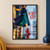 Fashion illustration of a cropped woman in an indigo coat and teal skirt striding in red ankle boots through a rainy city street; one boot splashes in a puddle beside large red SCARLET STEP lettering.; frame shown for styling only