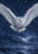 Pale, speckled owl flying toward the viewer through diagonal snow against an indigo sky.