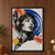 Monochrome portrait in over-ear headphones surrounded by blue arcs and red and mustard collage shapes.; frame shown for styling only