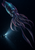 Large luminous squid with streaming arms passing through a research submersible's beam in dark navy water.
