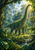 Long-necked sauropod among ferns in a sunlit rainforest, with waterfalls, a stream, and a small flying reptile silhouette overhead.