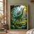 Long-necked sauropod among ferns in a sunlit rainforest, with waterfalls, a stream, and a small flying reptile silhouette overhead.; frame shown for styling only