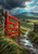 Open red wooden gate between stone posts beside a puddled track on a green hillside, with a farmhouse and ridgeline under a clearing storm.