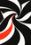 Abstract portrait composition of sweeping black and white curved bands with a vermilion accent curling into a central whirl.