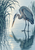 Blue-gray heron bending toward an orange fish beneath reflective marsh water, with sedges at the left.