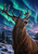 Large brown stag with branching antlers in a snowy mountain clearing beneath emerald and turquoise aurora ribbons.
