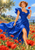 Copper-curled woman in a flowing cobalt-blue dress steps through red poppies, holding one flower near her shoulder against a sunny landscape.